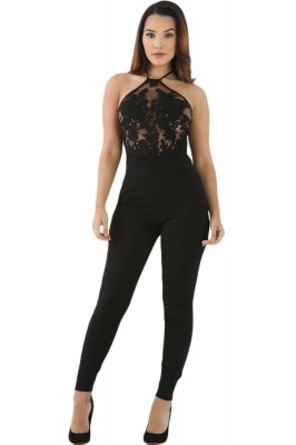 Sheer Lace Top Halter Party jumpsuit black white